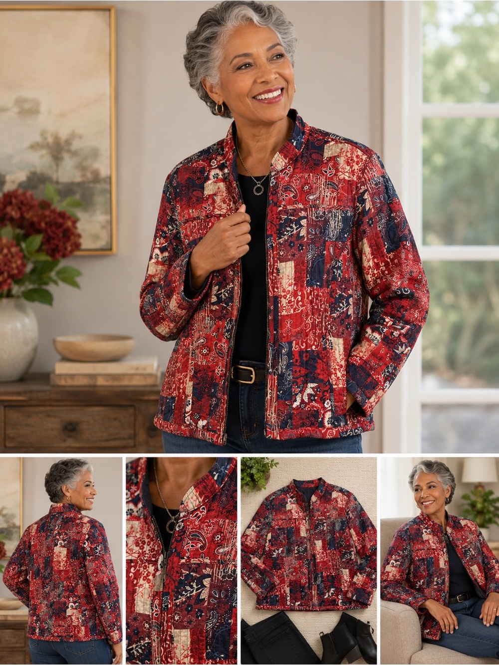 Women’s Patchwork Quilted Jacket | Red Navy Paisley Zip Front Lightweight Jacket